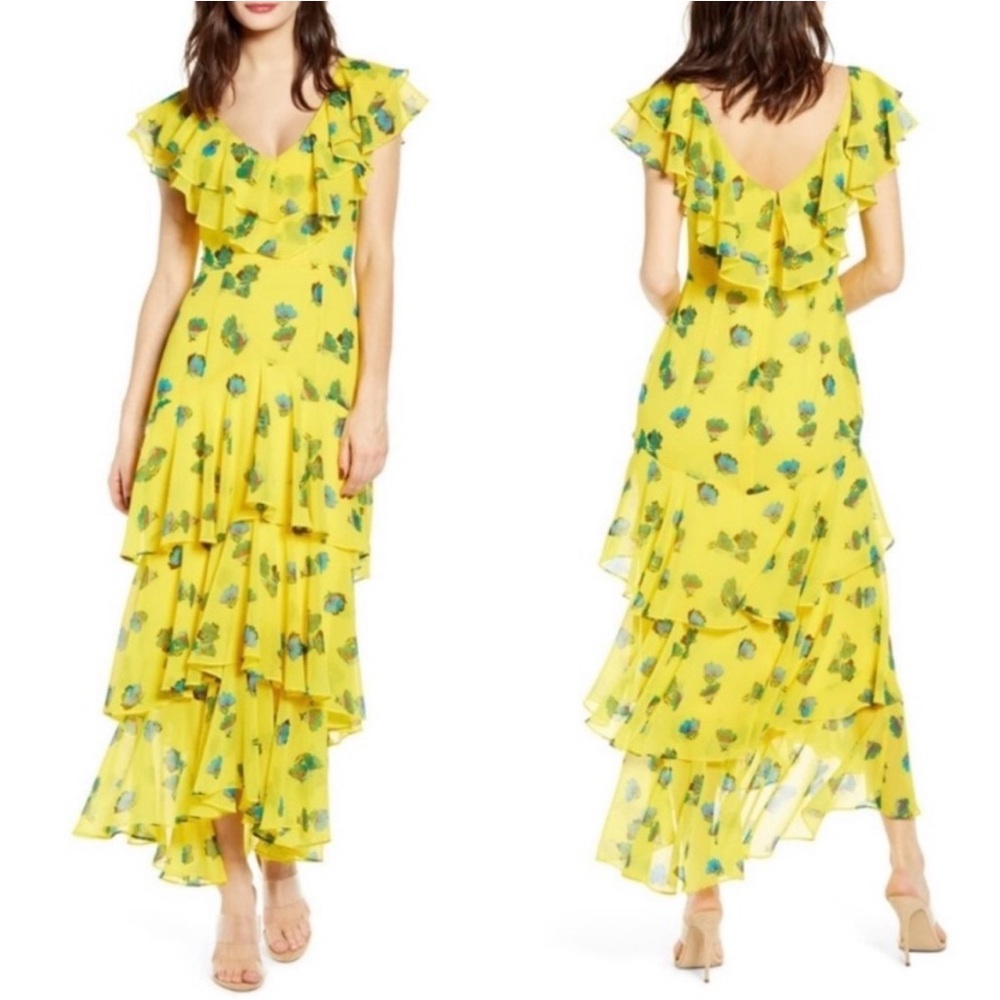 Wayf Yellow Floral Chelsea Tiered Ruffle Dress, Size M